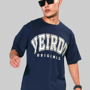 Oversized Men Printed, Typography Round Neck Pure Cotton Navy Blue T-Shirt