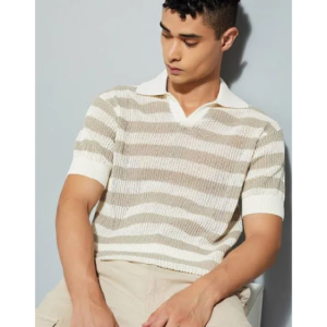 URB_N Men Striped Knit Oversized Polo T-shirt