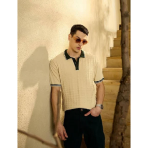 Men Striped Polo Neck Pure Cotton Beige T-Shirt
