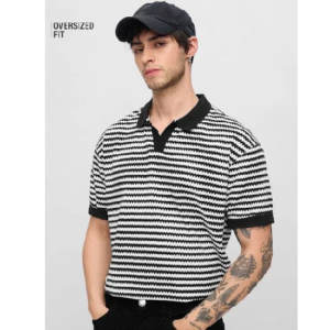 Black,White Stripes Oversized Fit Polo T-Shirt