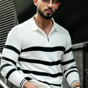 White Blue Flat Knit Zipper Polo T-shirt