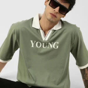 Typography Printed Polo Collar Slim Fit Cotton T-shirt
