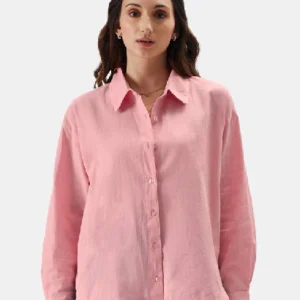 Stripe Shirt: Rose Women and Girls Long Sleeves Collared Neck Button Front Pink and White Cotton