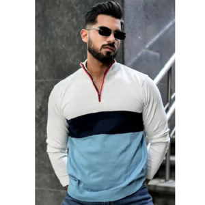 White Blue Flat Knit Zipper Polo T-shirt