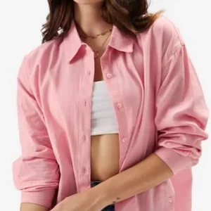 Stripe Shirt: Rose Women and Girls Long Sleeves Collared Neck Button Front Pink and White Cotton